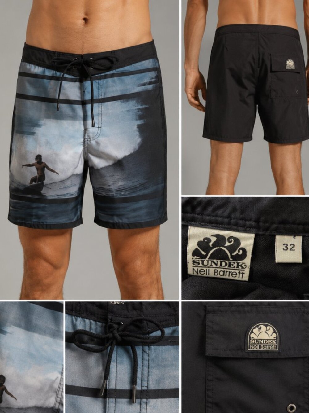 Neil Barrett x Sundek Surf Print Board Shorts Gray Swim Trunks Men's Size 32 - Picture 3 of 8